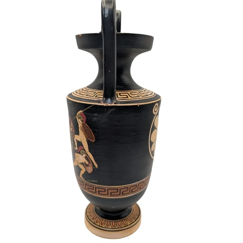 Greek Urn Vase Handmade Red Clay Pottery Grecian Warriors Double Handles SEE